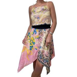 Vintage y2k Betsey Johnson Silk Mixed Print Handkerchief Midi Dress Size 4